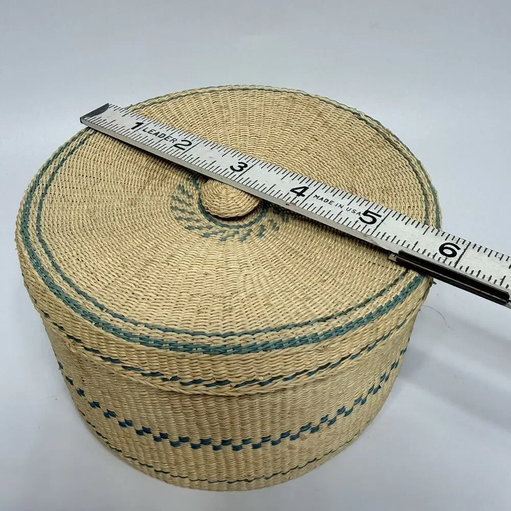 Set 2 Beige Teal Green Tightly Woven Nesting Baskets Lids Boxes Round 5.75